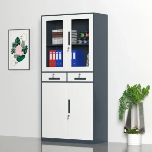Modern White Movable Office Metal Storage Cabinet Heavy Duty Filing Cabinet with Glass Door and Key Lock for Office Use