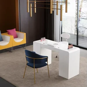 Modern White Sleek Nail Table with Metal and MDF Construction and Fan Option for Manicurists