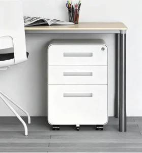 Modern White Steel Filing Cabinet 3 Drawer Lockable Integrated Handles Anti Tilt Safety Mechanism Space Saving Mobile Pedestals