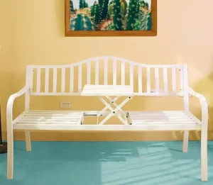 Modern White Steel Garden Bench with Foldable Middle Table Vertical Slatted Back Double Bench with Armrest for Patio & Courtyard