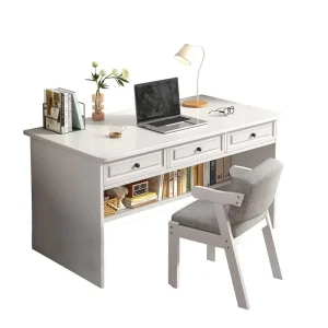 Modern White Study Desk with 3 Drawers Integrated Bookshelf Office Desk Set Minimalist Student Computer Table Bedroom Apartment