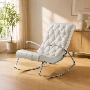 Modern White Tufted Leather Rocking Chair Nordic Minimalist Lounge Leisure Armchair Chrome Frame Living Room Furniture