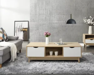 Modern White Wood Coffee Table with Oak Wood Grain Finish