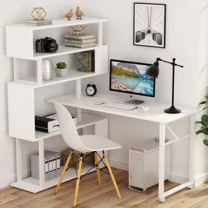 Modern White Work Table Office Desk Wooden Computer Gaming PC Computer Table with Bookshelf