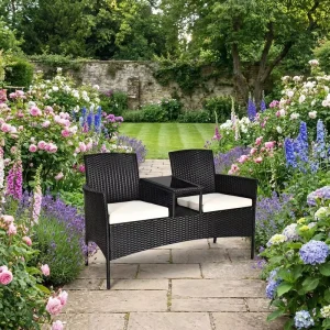 Modern Wicker PE Rattan Patio Bench Set Metal Frame Waterproof Cushioned Compact Outdoor Furniture for Porch