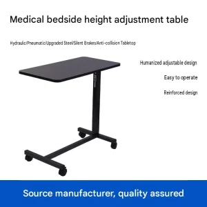 Modern Wood Adjustable Height Hospital Bedside Table with 4 Lockable Castors