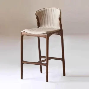 Modern Wood Bar Stool Ribbed Upholstered Seat Mid-Century Counter Height Durable Bar Chair Backrest Brass Accents BC-1300E