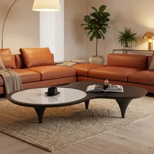Modern Wood Coffee Table Movable Handmade Irregular Shape Decorative Black Finish