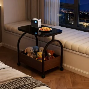 Modern Wood Coffee Table with Wheels and Mini Side Cabinet Portable Storage for Living Room