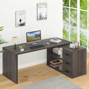 Modern Wood Computer Desk with 3 Drawers Corner Office I Shape Adjustable PC Desk with Storage