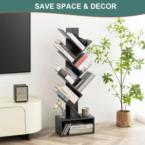 Modern Wood Corner Tree Bookshelf 6 Tier with Light Eco Friendly Space Saving Easy Assembly for Home Office & Apartment Use