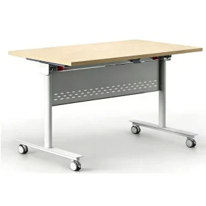 Modern Wood Crank Adjustable Rolling Conference Table Built-in Cable Organizer Panel Privacy Baffle Sit Stand Work Table