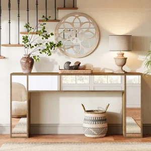Modern Wood Entryway Console Table with Mirrored Finish Storage Features for Villa Hotel Living Room Bedroom