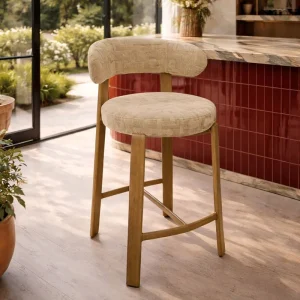 Modern Wood Grain Metal Bar Stool with Fabric Upholstered Seat Ergonomic Design Easy Assembly Set of 2 for Kitchen