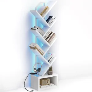 Modern Wood Storage 6 Tier Tree Shaped Bookshelf with LED Lights for Living Room Bedroom