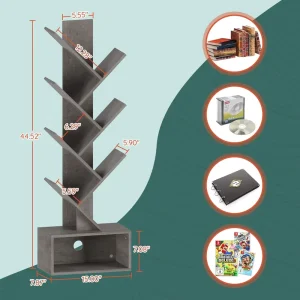 Modern Wood Tree Bookshelf 6-Tier Tall Floor Standing Easy Assembly Eco Friendly Space Saving Home Office