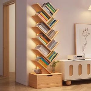Modern Wood Tree Shaped Small Bookshelf Against the Wall Narrow Storage Cabinet for Living Room or Study Schoolroom