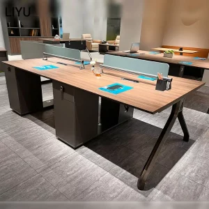 Modern Wooden 4 Person Office Desk with Drawer Side Cabinet Steel Frame Modular Staff Office Workstation Desk