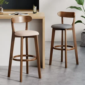 Modern Wooden Bar Stool with Padded Seat Curved Back Circular Footrest for Hotel Restaurant Dining