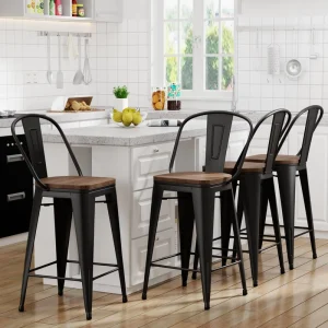 Modern Wooden Cushion Bar Stools Metal Frame Counter Height Hotel Dining Kitchen Bar Chair