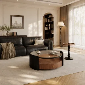 Modern Wooden Double Layered Round Coffee Table with Glass Top Easy to Clean Storage for Living Room Apartment Sets