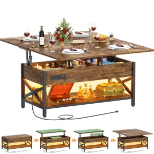 Modern Wooden Extendable Lift Top Multi Function Coffee Table Converts to Dining Table with LED Light Power Outlet