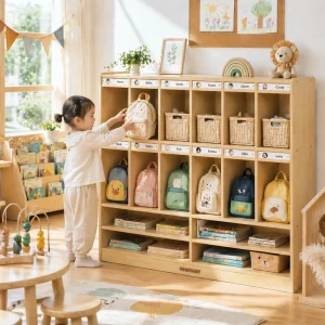 Modern Wooden Kindergarten 12 Unit School Bag Shoe Locker Cabinet for Preschool Daycare Classroom Storage