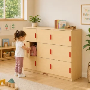 Modern Wooden Kindergarten Storage Cabinet with Door Locker and Bag Compartment for Preschool Daycare Classroom Organization