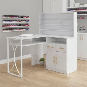 Modern Wooden L Shaped Manicure Table Storage Drawers Cabinets Professional Nail Workstation for Commercial Use