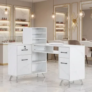 Modern Wooden L Shaped Manicure Table with Drawers and Shelves for Salon Storage Nail Bar and Commercial Use