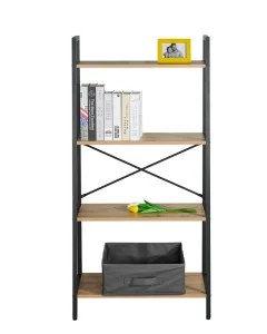 Modern Wooden Library Bookcase Metal Frame 4 Tier Bookshelf Space Saving Storage Shelf for Living Room Home Office