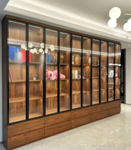 Modern Wooden Living Room Bookshelf with Glass Door Design Decorative Storage Cabinet Display Bookcase