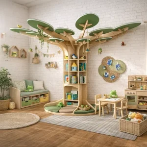 Modern Wooden Montessori Forest Tree Bookshelf For Kindergarten Classroom Reading Corner Nursery Daycare Learning Center