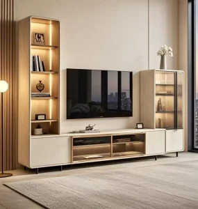 Modern Wooden Panel Wall Mounted TV Cabinet with LED Lights and Adjustable Height for Living Room Home or Hotel Apartment Use