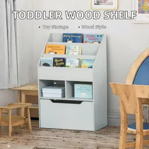 Modern Wooden Revolving Drawers Bookshelf Toy Storage Cabinet for Toddler Playroom Bedroom School Living Room Furniture