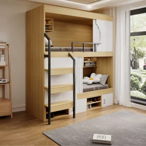 Modern Wooden Twin Bunk Bed with Stair Storage and Cabinet Multi Function Student Bunk Bed with Wardrobe and Shoe Shelf
