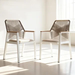 Modern Woven Dining Chairs with White Metal Frame and Patio Minimalist Cafe Outdoor Furniture