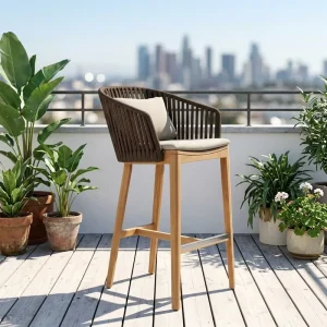 Modern Woven Rope Teak Outdoor Counter Height Bar Chair Anti UV Waterproof Outdoor Patio Bar Stool
