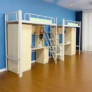 Modern Wrought Iron Elevated Bunk Bed with Underneath Desk Combination for School Dormitory Apartment