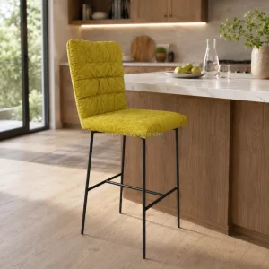 Modern Yellow Upholstered Bar Stool with High Back Black Metal Legs and Footrest for Kitchen Island Counter or Home Bar