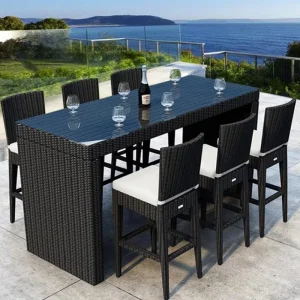 Modern and Simple Design Eco-Friendly Rattan Outdoor Bar Table Chair Set with High Stool for Terrace Courtyard Garden Balcony