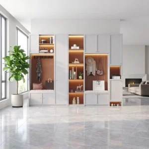 Modifiable Irregular Outline Entry Cabinet Gridded Shoe Rack Built Coat Compartment Bright LED Plush Bench