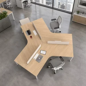 Modular 120 Degree 3 Person Workstation with Light Oak Finish and White Frame for Creative Shared Office