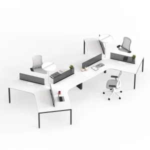 Modular 120 Degree 6 Person Workstation with Integrated Lighting and Privacy Screen for Modern Coworking Space