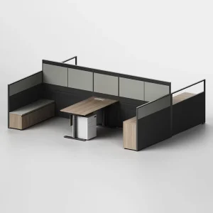 Modular 2 Person Office Cubicle with L Shaped Desk Partition Screen and Storage Cabinet for Corporate Office