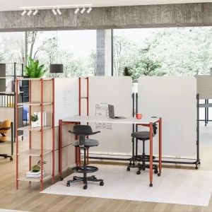 Modular Agile Meeting Table With Red Metal Frame And Integrated Shelving System For Creative Team Collaboration
