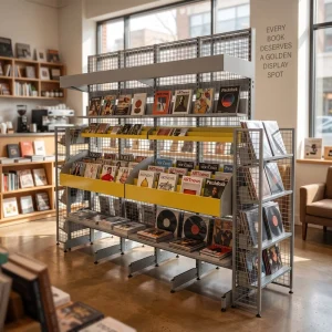Modular Aluminum Profile Bookstore Display Rack Tilted Magazine Shelf with Storage Cabinet Custom Logo Size Marine Plywood