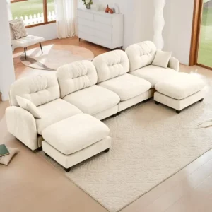 Modular Cream Cloud Velvet Sectional Sofa Minimalist Living Room Sofa with Detachable Footstool