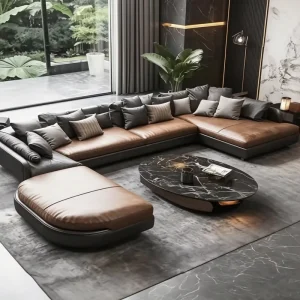 Modular L Shape Leather Sectional Sofa Solid Wood Two Tone Corner Sofa for Villa Living Room Modern Light Luxury Home Furniture