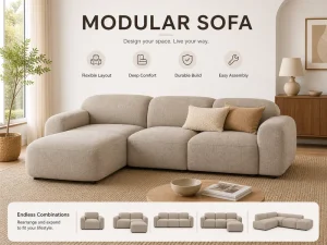 Modular L Shaped Sectional Sofa Convertible Fabric Couch with Reversible Chaise with Flexible Layout